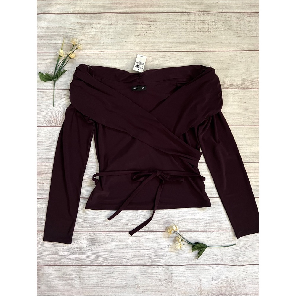 EXPRESS Off The Shoulder Long Sleeve Wrap Top - Picture 2 of 15